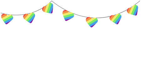 Garland of hearts in rainbow colors of the LGBT flag for pride decoration. Valentine's day banner background with space for text. copy space. vector illustration isolated on white background.のイラスト素材