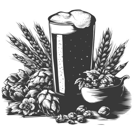 vector hand drawn beer glass full of wheat beer with foam. Vintage etched beer mug or tankard with dropping froth isolated on white background. Alcoholic beverage in glassware with hops, and ears of grain. Great for bar, menu, window design, October fest.のイラスト素材