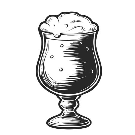 vector hand drawn beer glass full of wheat beer with foam engraved illustration. Vintage etched beer mug or tankard with dropping froth isolated on white background. Alcoholic beverage in glassware.のイラスト素材