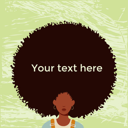 African portrait of the young beautiful black woman with curly hair. Template for banner, flyer, poster. Vector illustration afro hair with grunge background. Copy space.のイラスト素材