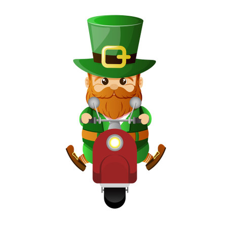 Cute Leprechaun scooter in green hat rides retro. Vector cartoon character. Illustration for St. Patrick's Day isolated on white background. Design element for Irish holiday. Irish gnome rush to the partyのイラスト素材