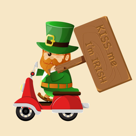 Leprechaun holding wooden placard kiss me i'm irish rides retro scooter Vector cartoon character. Illustration for St. Patrick's Day. Design element for Irish holiday.のイラスト素材