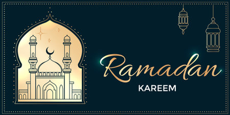 Ramadan kareem banner with a luxurious golden texture. mosque and lantern. Islamic background with empty space for your text.のイラスト素材