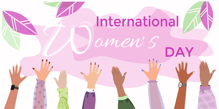 Diverse Female hands raised up. Different skin colored woman hands. Happy international women's day. Girl power. Feminism. Modern vector illustration in flat styleのイラスト素材