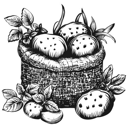 Hand drawn sketch illustration of ripe potatoes in burlap bag. Farm fresh organic products. vector illustration isolated on white background. engraving vintage styleのイラスト素材