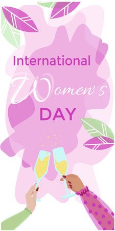 Two Hands Holding Glasses Wine Happy international women's day. Girl power. Feminism. Modern vector illustration in flat styleのイラスト素材