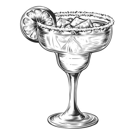 Vector engraved style illustration for posters, decoration and print. Hand drawn sketch of cocktail with ice cubes and slice of lemon, monochrome isolated on background. Detailed vintage woodcut styleのイラスト素材