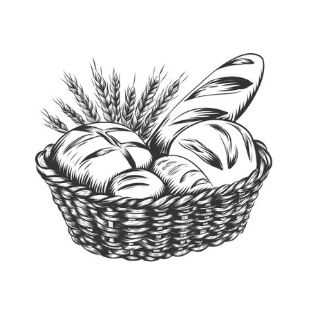Wicker rustic basket full of baked fresh bread. Bakery food, breadstuff sketch vintage vector illustration isolated on white background. flour products in Engraving style for special offer, bakery shop, windows design.のイラスト素材
