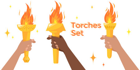 Set of burning golden torch with flame in hand. Symbols of relay race, sport, competition, winner and victory. Vector illustration isolated on white backgroundのイラスト素材