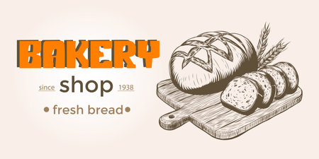 Bakery background for bread shop. Linear graphic. Bread and pastry, Bread house. Vector illustration. Loaf of bread on cutting boardのイラスト素材