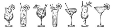 Alcoholic drinks set. Glass of champagne, margarita, brandy, vermouth, whiskey, cocktail, LIQUOR, wine, vodka, tequila with lemon, cocktail umbrella, tube, ice. Isolated black and white vintage engraving. Hand drawing. Vector illustrationのイラスト素材