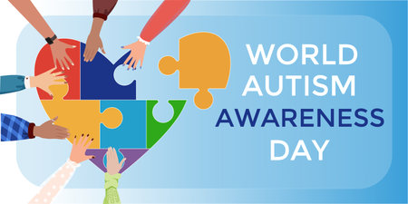 Autism awareness poster with heart and hands putting together puzzle heart. Heart made of puzzle pieces as symbol of autism. Solidarity and support symbol. Medical concept. Vector illustration.のイラスト素材