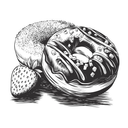 Vintage Sketch illustration of donuts with chocolate glaze and sprinkled. Pastry sweets. Hand drawn vector illustration isolated on white for bakery, windows design, candy shop. Woodcut engraving style.のイラスト素材