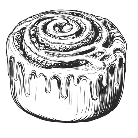Hand drawn vintage vector illustration of cinnamon roll isolated on white background. Bun with glaze engraving sketch. Pastry for bakery menu, sweet shop, pastry, cafe decor.のイラスト素材