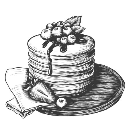 Vector vintage stack of pancakes drawing. Hand drawn monochrome food illustration isolated on white for menu, windows design or label. Engraving Sketch of Pancakes with berries and maple syrup.のイラスト素材