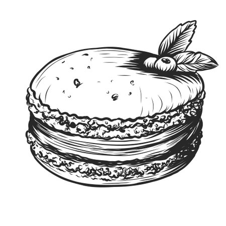 French dessert macaron woodcut sketch. French pastries. Hand drawn sketch vector illustration isolated on white.のイラスト素材