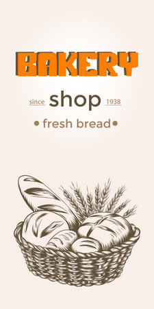 Bakery and pastry shop banner with bread and rustic basket sketch. Rye bread, wheat baguette and buns in ink engraving style. Vector illustration for poster or flyer.のイラスト素材