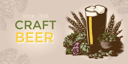 Beer glass and hop branch with leaf, ear of barley. Concept for brewery factory. Horizontal Poster, banner, web advertising. Vintage color vector engraving on texture craft paperのイラスト素材