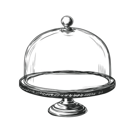 glass stand cake dome in ink sketch. restaurant cloche plate, decoration dish stand cake dome sign. vector engraving illustration isolated on white background.のイラスト素材