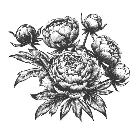 Hand drawn monochrome black and white ink sketch of peony flowers and leaves. Vector illustration of peony bouquet isolated on white background. vintage engraving Element for design.のイラスト素材
