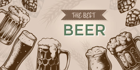 Horizontal poster Beer set with glass, beer hops, mug for brewery factory. Vintage vector engraving illustration. Banner for web, craft brewery, pub, happy house, menu. linear graphicのイラスト素材