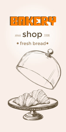 Bakery background. Linear graphic. French croissants on plate with glass dome tray. Bread house Vector illustration in engraving imitation style.のイラスト素材
