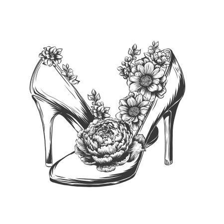 Shoes on a high heel decorated with blooming peony and wildflowers in bloom. Vector illustration isolated on white background. Vintage Engraving sketch heels and flowers.のイラスト素材