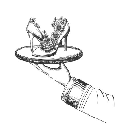 And holding platter with heels and flowers inside. Vintage sketch. hand drawn vector illustration isolated on white for shoes shop, greeting card, special offer or voucher design.のイラスト素材