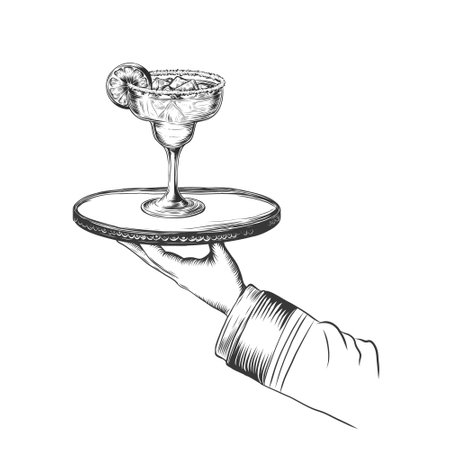 waiter with tray and alcohol drinks sketch engraving vector illustration isolated on white background. Scratch board imitation. Black and white monochrome hand drawn image.のイラスト素材