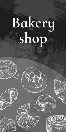 Vector card design with ink hand drawn baking illustration. Vintage template with bread and pastries sketch. Bakery or bakehouse menu on chalkboard.のイラスト素材