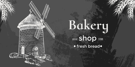 Hand drawn Old windmill graphic vector illustration for Bakery, farm production, bread shop. Windmill on wheat field. Vintage vector engraving on chalkboard backgroundのイラスト素材