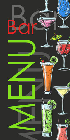 Template for Bar menu alcohol drink. Colorful glasses with cocktail. Vintage color vector engraving illustration for label, poster, invitation to party.のイラスト素材