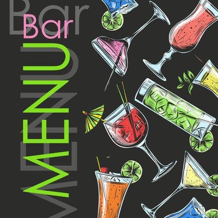 Template for Bar menu alcohol drink. hand drawn collection of cocktail glasses. Colorful vector engraving illustration for bar menu, special offer, happy hour, invitation to party. Blue lagoon, margarita, mojito, cosmopolitan cocktailのイラスト素材