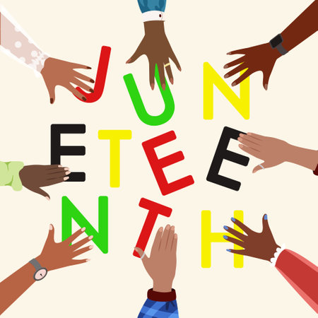 Juneteenth, African-American Independence Day, June 19. Day of freedom and emancipation. Dark skinned hands collect letters Juneteenth. Freeish Design of Banner. Black Lives Matter.のイラスト素材