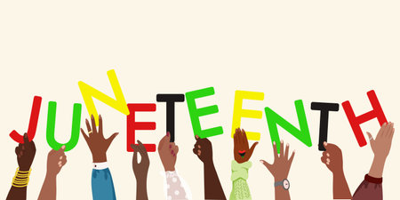 Juneteenth - Freedom Day. Dark-skinned hands holding letters Juneteenth in Pan-African flag colors. Remember our ancestors, slavery abolition. Vector banner June 19, 1865 - Freedom Day in the United States of America.のイラスト素材
