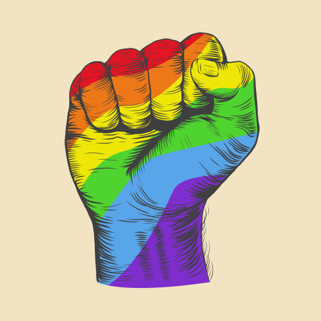 LGBTQ freedom protest fist. LGBT rainbow flag. LGBTQIA Pride month. Vector illustration for Tshirt, website, print, clip art, poster.のイラスト素材