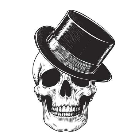 Hand drawn brutal human skull with gentlemen top hat. Monochrome black and white Vector illustration print on t shirts and souvenirs. Vintage tattoo hand drawn style. engraved woodcut etching styleのイラスト素材