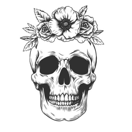 Hand drawn human skull and flowers engraved woodcut etching design like a classic tattoo. Line graphic. Vector illustration isolated on white for Mexican Day of the Dead Dia de los Muertos skull.のイラスト素材