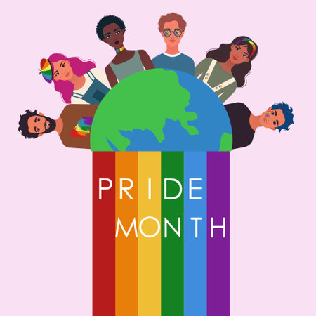 pride month celebration concept background. rainbow flag Diverse people around Earth. lesbian, gay, bisexual pride. LGBT Pride Month. vector illustration design template.のイラスト素材