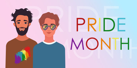 LGBTQ PRIDE month banner with lovers supporting LGBT plus rights and movements. happy pride day. celebration and commemoration of lesbian, gay, bisexual, and transgender pride.のイラスト素材
