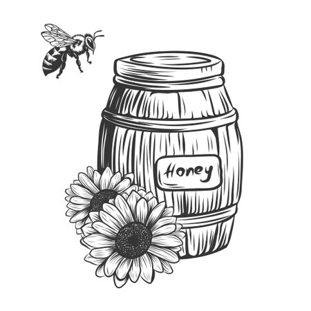 Wooden barrel of honey, bee and flowers. Vintage Hand drawn engraving style illustrations isolated on background. Monochrome black and white ink sketchのイラスト素材
