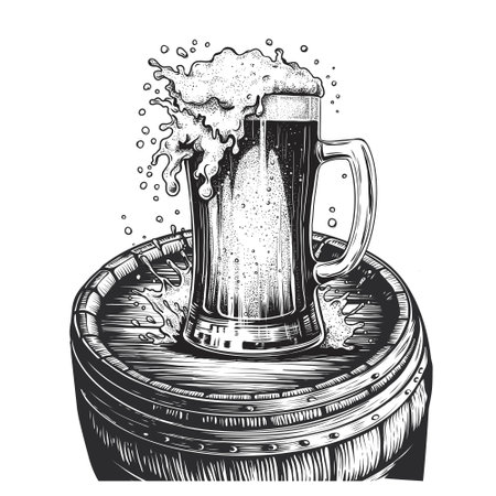 Beer mug with splash drink on wooden barrel. hand drawn ink sketch vector illustration isolated on white background. Engraving imitation. Woodcut, etching.のイラスト素材