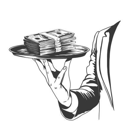 Businessman hand holding tray with stack of paper money. Bank loan cash giving, credit packet, hypothec, mortgage, salary payment, investment concept. Vector ink sketch. Engraving imitationのイラスト素材
