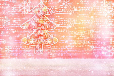 Christmas pink elegant background with a Christmas tree, snow and snowflakes. Copy space