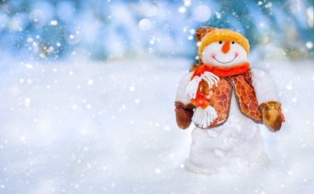 Snowman with a carrot nose in winter clothes stands in the snow against the background of a snow-covered foの写真素材