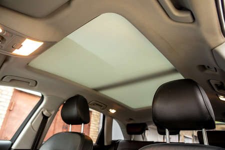 black leather of back seat interior inside modern vehicle car automobileの写真素材