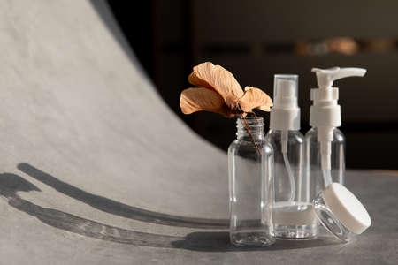 Cosmetics SPA branding mock-up on a gray background. Empty space, flat lay, top view.の写真素材