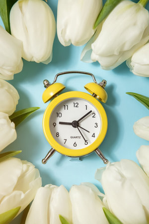 Yellow alarm clock and white tulips on a blue background.の写真素材