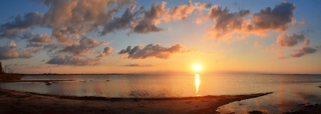 Sunrise over Dzharylgachsky bay which is part of Dzharylgachsky national natural park. Kherson region, Ukraine.の写真素材