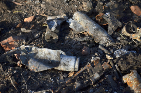Dmytrivka, Kyiv region, Ukraine - April 14, 2022: Sleeves from detonated ammunition of russian occupiers as a result of active hostilities in Kyiv regionのeditorial素材